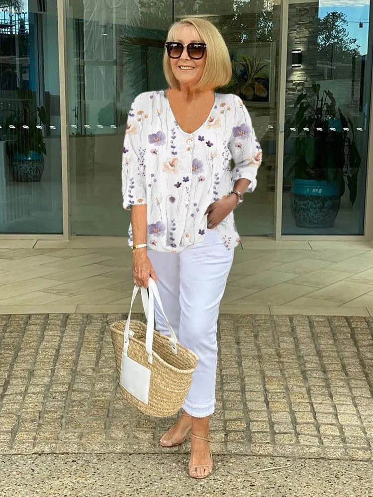 Teresa Elegant Floral Blouse With Button - Asvori Melbourne