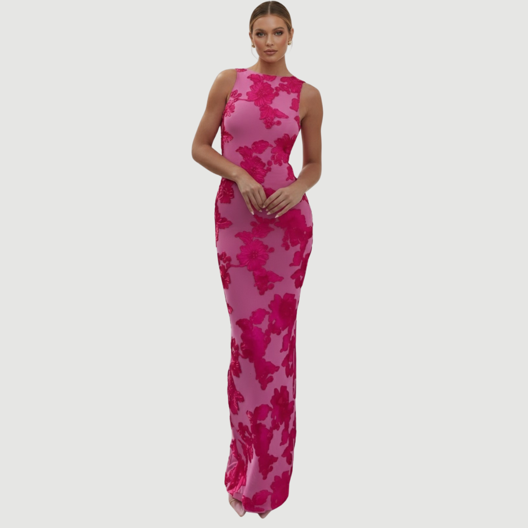 Nadine Floral Embroidered Maxi Dress – Sleeveless Mesh Evening Gown - Asvori Melbourne
