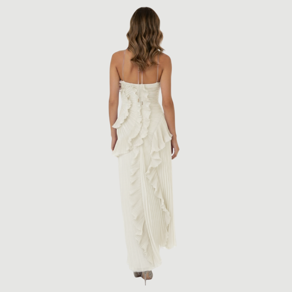 Belinda Pleated Ruffle Maxi Dress – Lightweight Chiffon Evening Style - Asvori Melbourne