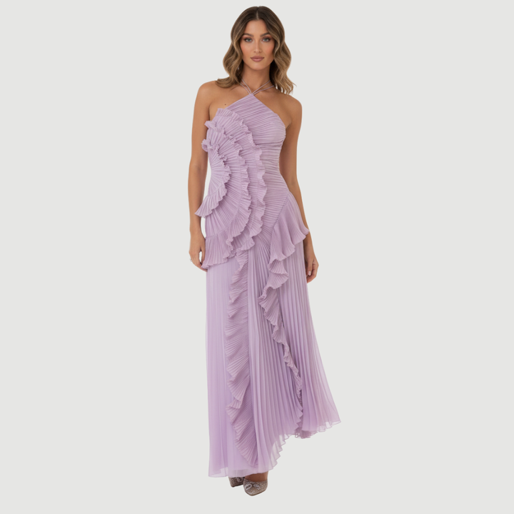 Belinda Pleated Ruffle Maxi Dress – Lightweight Chiffon Evening Style - Asvori Melbourne