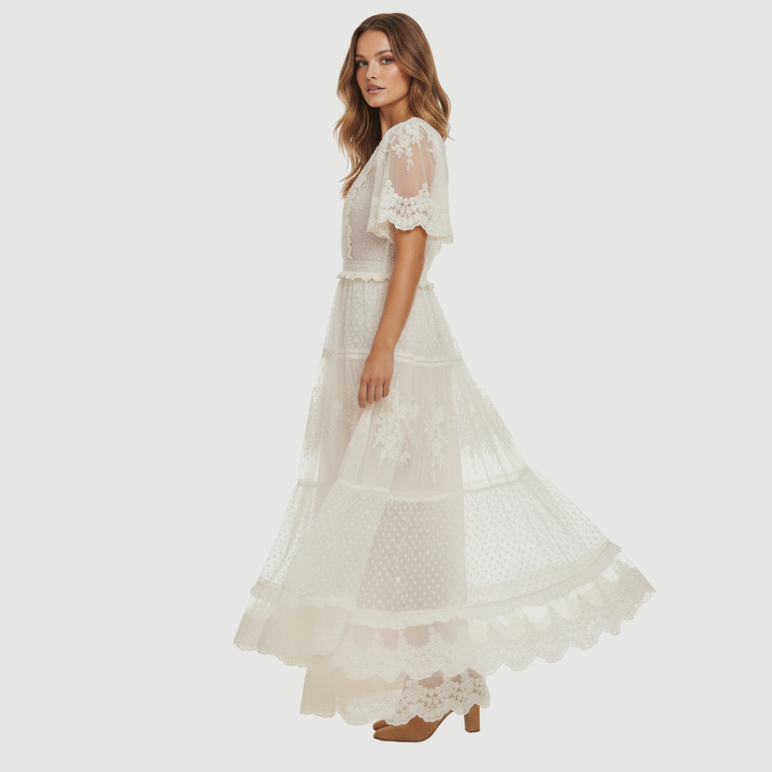 Fiona Embroidered Midi Dress – Whimsical Mesh With Floral Detailing - Asvori Melbourne