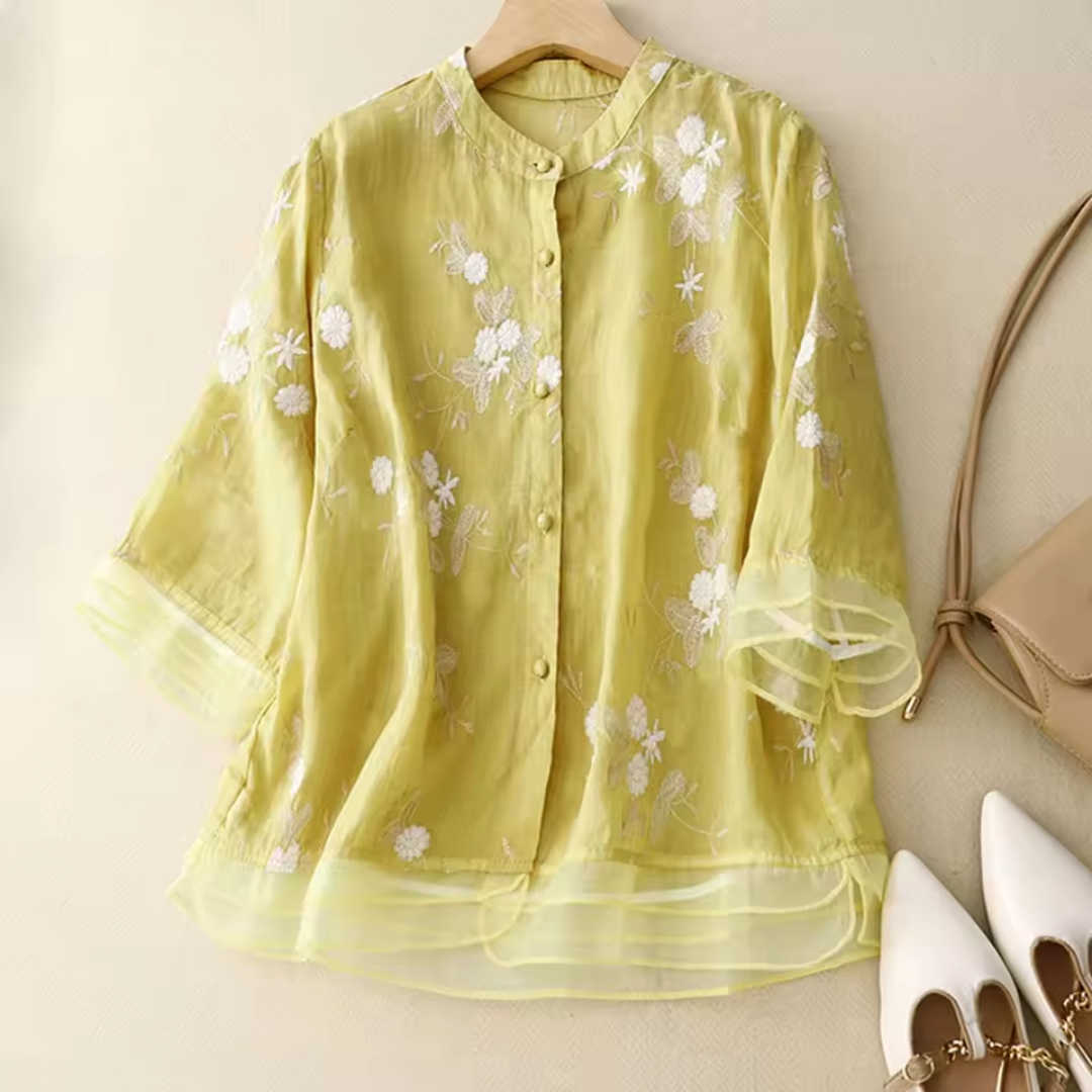 Eloise Embroidered Cotton-Linen Blouse - Asvori Melbourne