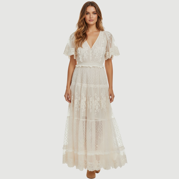 Fiona Embroidered Midi Dress – Whimsical Mesh With Floral Detailing - Asvori Melbourne