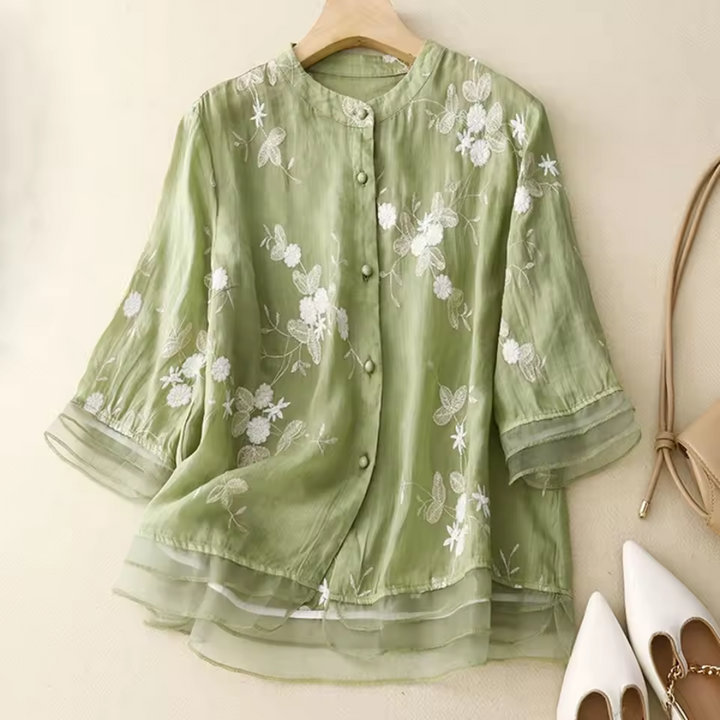 Eloise Embroidered Cotton-Linen Blouse - Asvori Melbourne