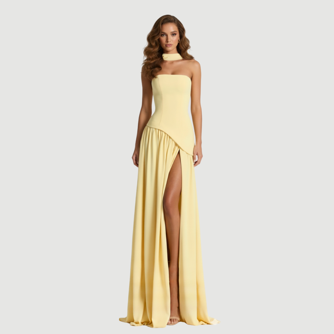 Renee Strapless Maxi Dress – Asymmetric Waist and Front Slit - Asvori Melbourne