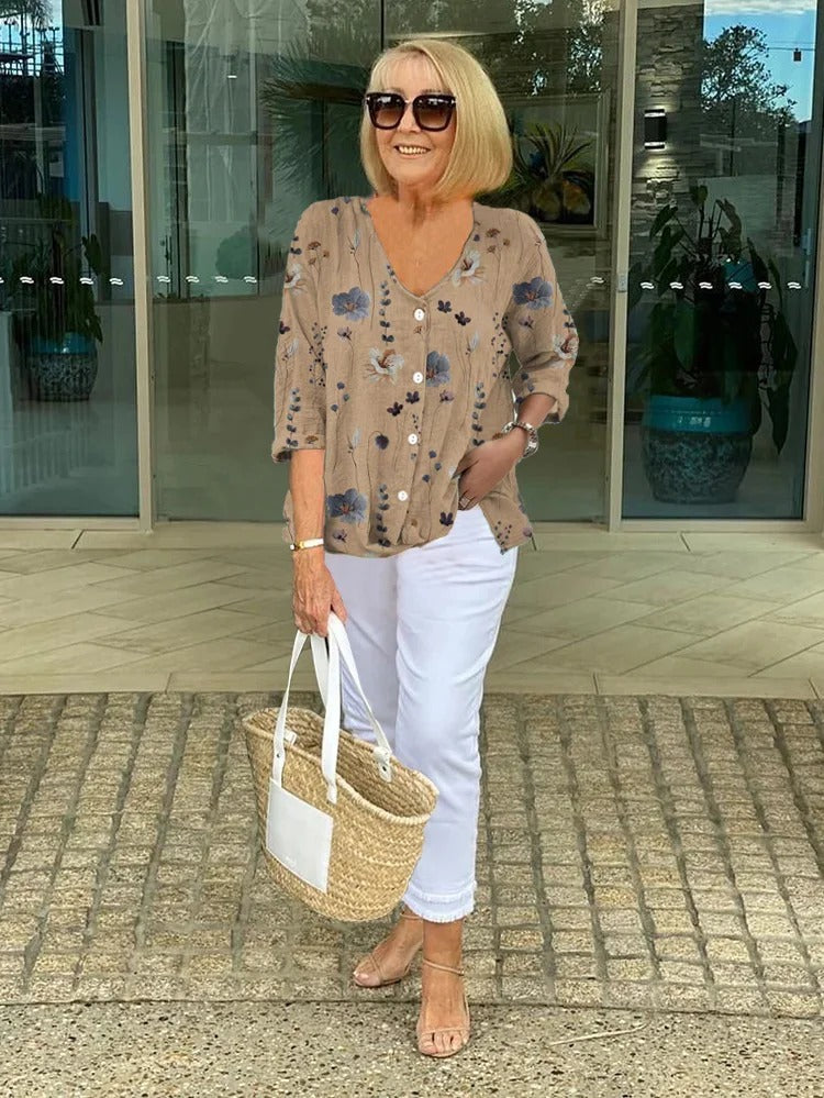 Teresa Elegant Floral Blouse With Button - Asvori Melbourne