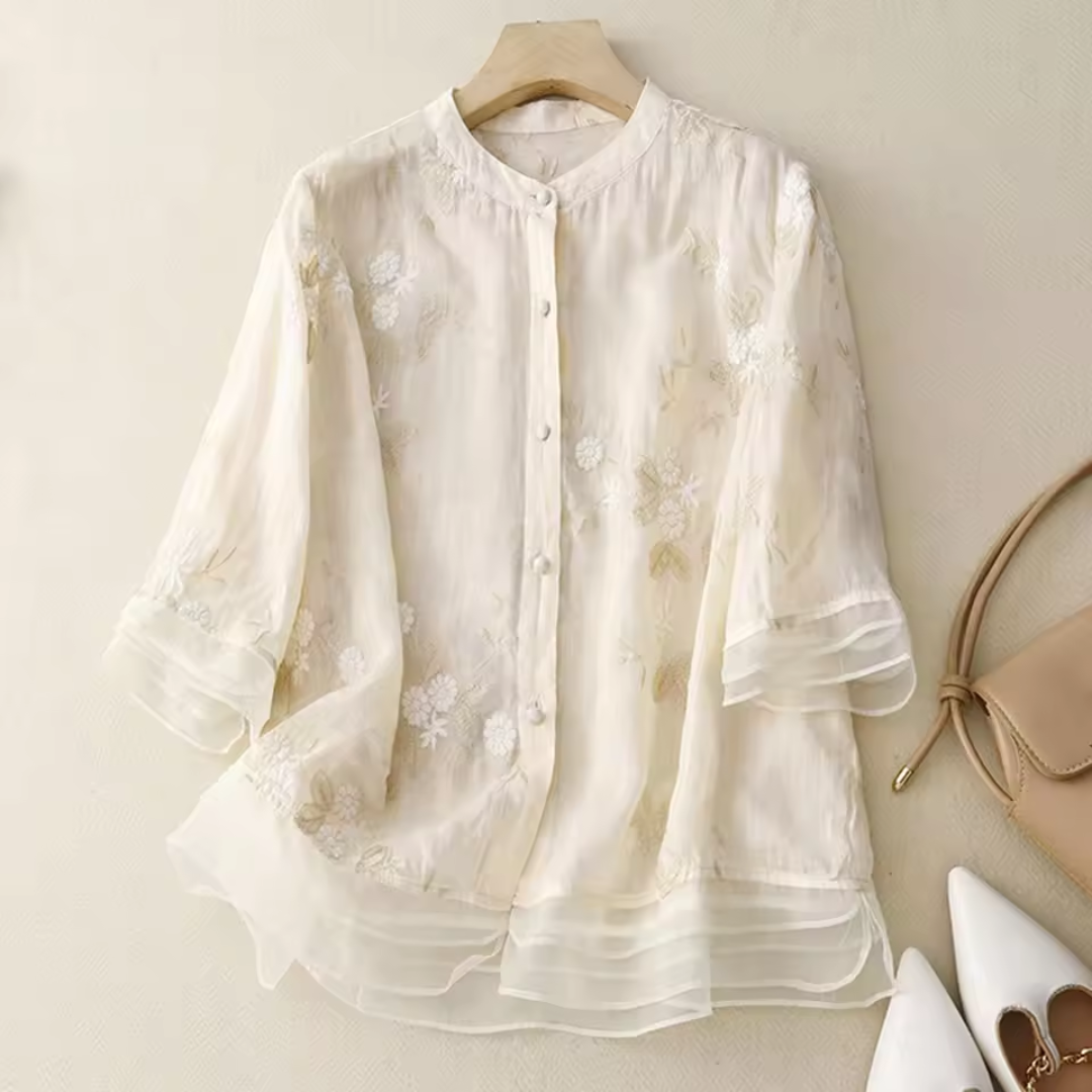 Eloise Embroidered Cotton-Linen Blouse - Asvori Melbourne