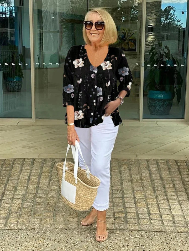 Teresa Elegant Floral Blouse With Button - Asvori Melbourne