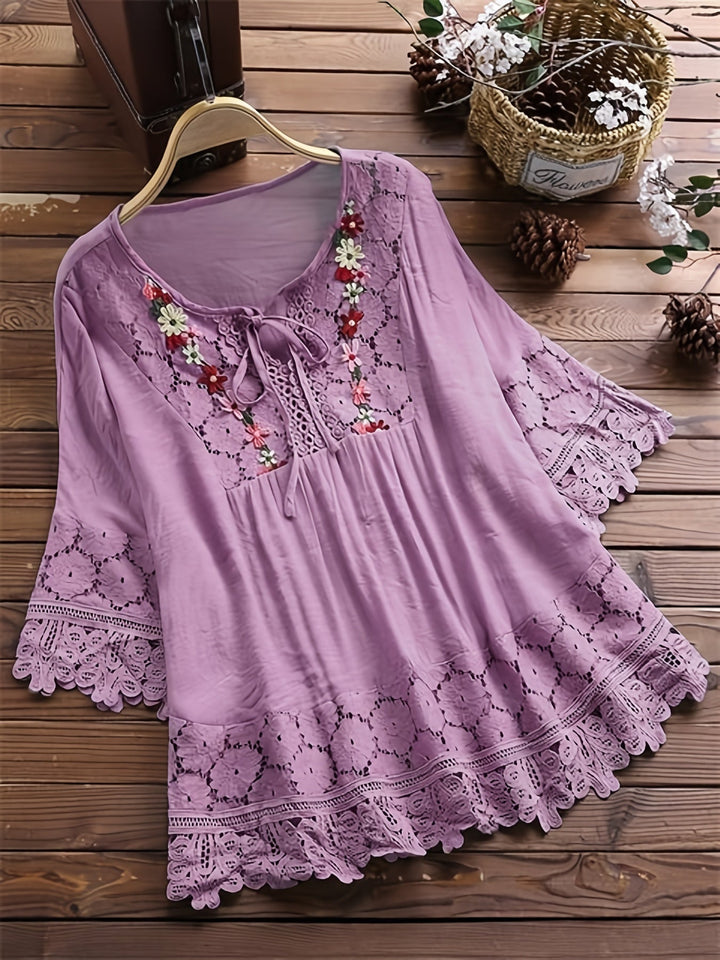 Elegant Lace Patchwork V-Neck Blouse - Asvori Melbourne