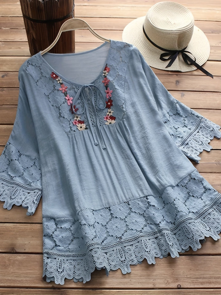 Elegant Lace Patchwork V-Neck Blouse - Asvori Melbourne