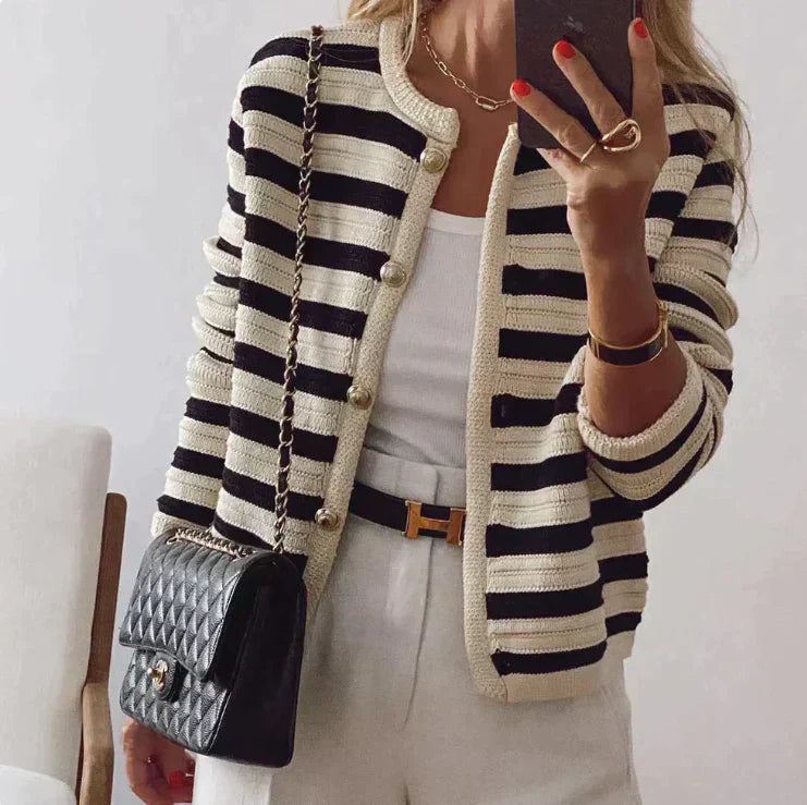 Eileen Striped Cardigan With Modern Button - Asvori Melbourne