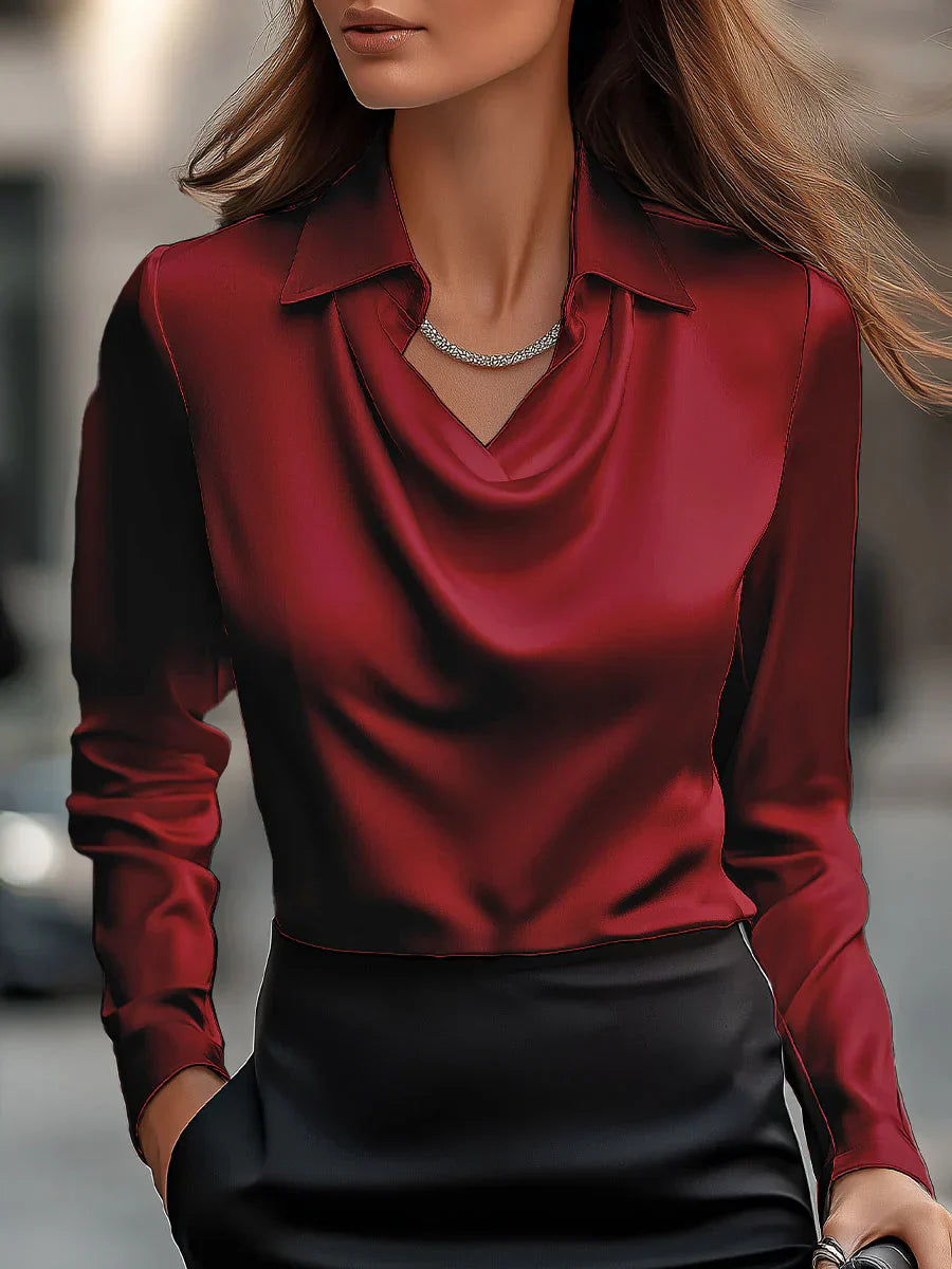 Elegant Satin Blouse With Draped Neckline - Asvori Melbourne