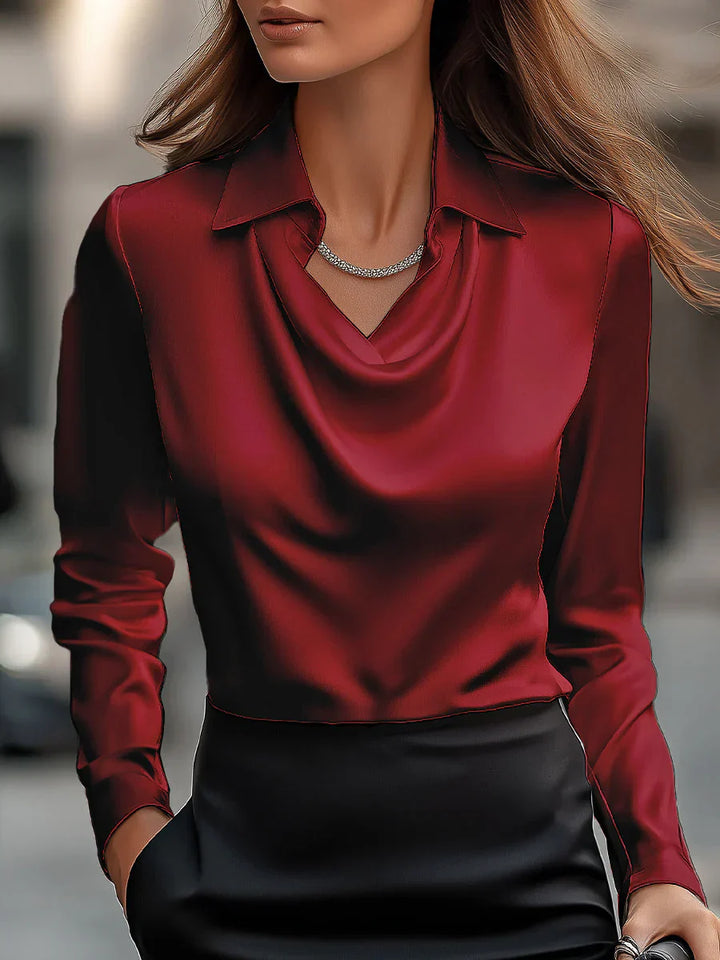 Elegant Satin Blouse With Draped Neckline - Asvori Melbourne