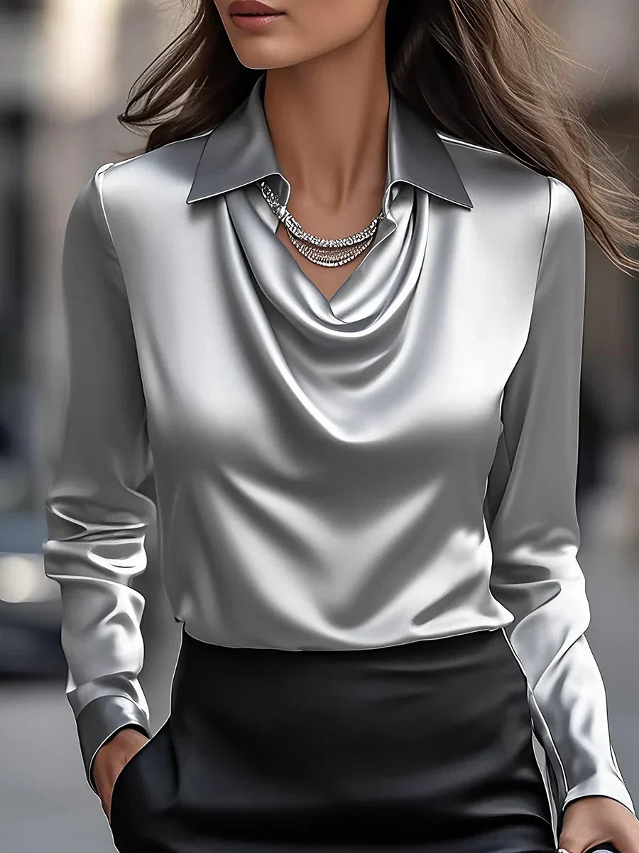 Elegant Satin Blouse With Draped Neckline - Asvori Melbourne