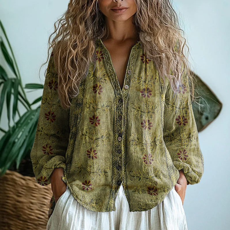Ambre Vintage Blouse With Leaf Print - Asvori Melbourne