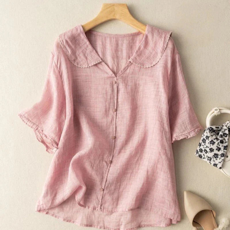 Sotiria Elegant Linen Short Sleeve Blouse - Asvori Melbourne