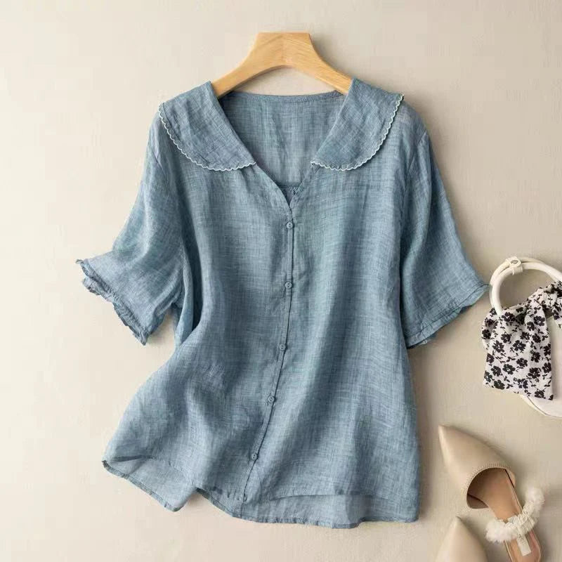 Sotiria Elegant Linen Short Sleeve Blouse - Asvori Melbourne