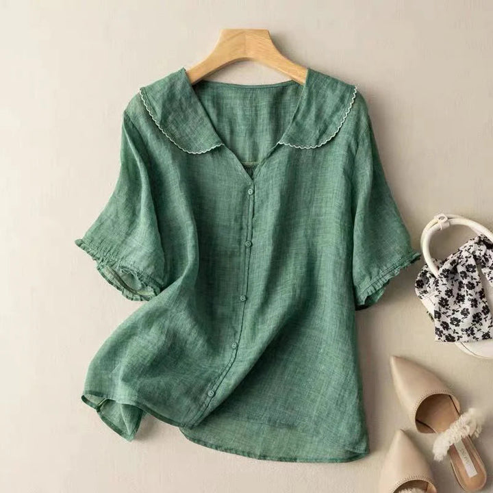 Sotiria Elegant Linen Short Sleeve Blouse - Asvori Melbourne