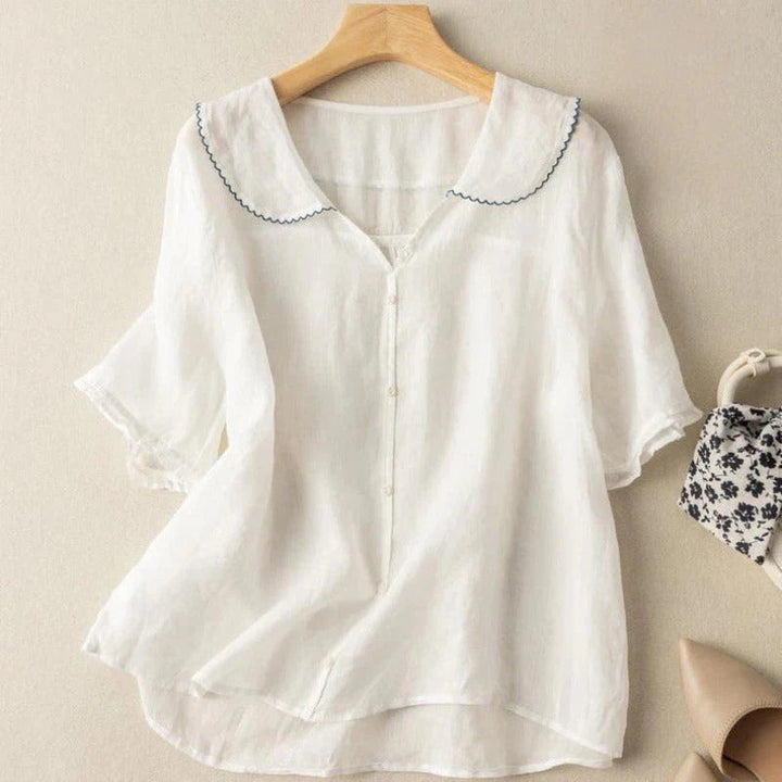 Sotiria Elegant Linen Short Sleeve Blouse - Asvori Melbourne