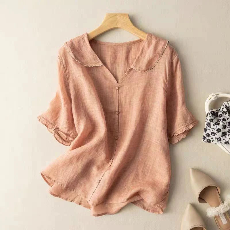 Sotiria Elegant Linen Short Sleeve Blouse - Asvori Melbourne